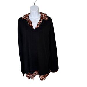 NWT Investments Womens Black Floral Layered-Look Sweater Top Size 2X With Collar